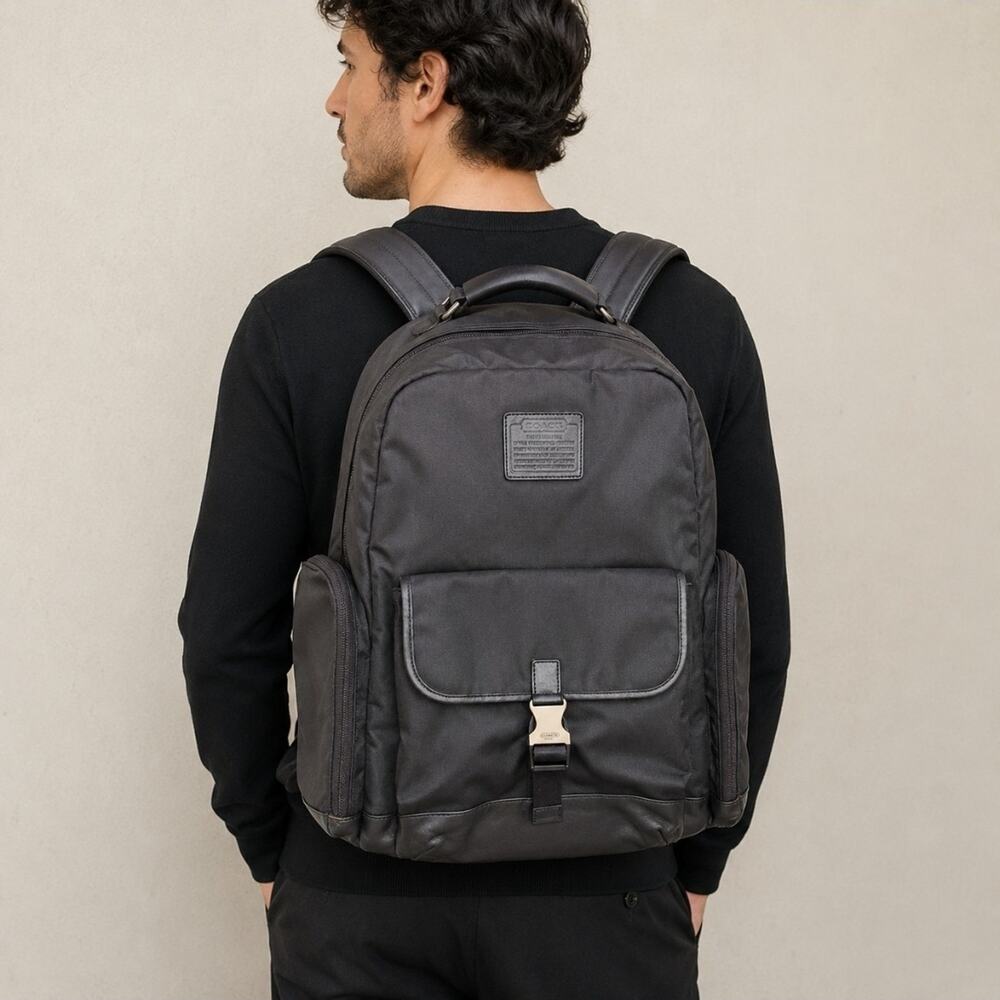 Coach Voyager Luxury Black Nylon Leather Silver Buckle Backpack College School